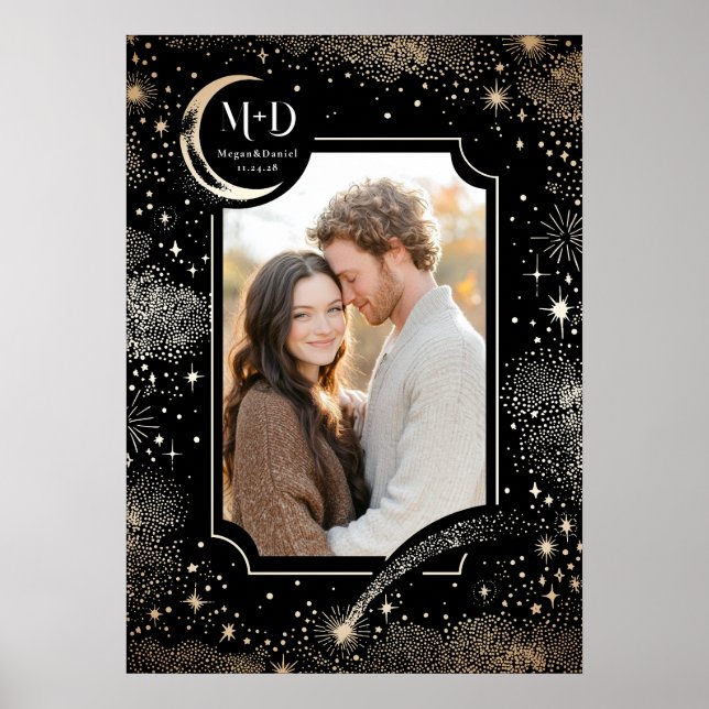 Wedding Photo Celestial Black Modern Stars Moon Poster (Front)