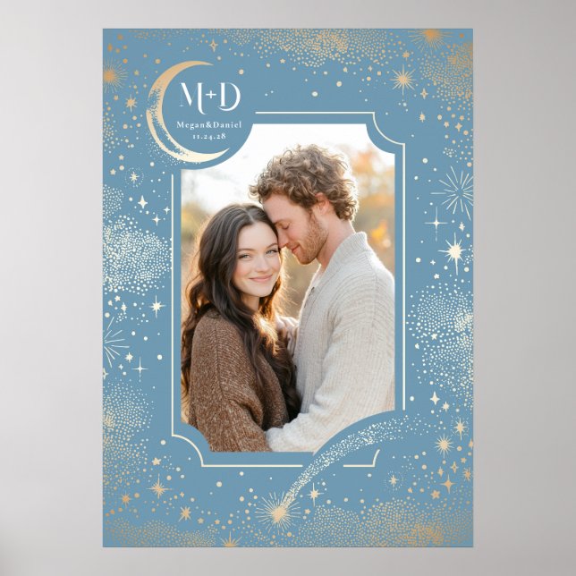 Wedding Photo Celestial Light Blue Stars Moon Poster (Front)