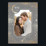 Wedding Photo Celestial Light Grey Stars Moon Poster<br><div class="desc">A celestial-themed wedding photo print featuring a grey and gold design with a crescent moon, shooting stars, night sky clouds, and constellations. This personalised keepsake, complete with your initials and your favourite photo, is perfect for hanging in your bedroom. It also makes a beautiful engagement photo poster.</div>
