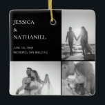 Wedding Photo Collage | Black Christmas Ceramic Ornament<br><div class="desc">This keepsake ornament makes for a special favor for your wedding guests. Design features three photos over a black background on the front and one full bleed photo on the back. Use the template to add your names, wedding date and venue. This Christmas ornament also makes a great gift to...</div>
