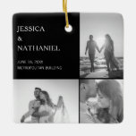 Wedding Photo Collage | Black Christmas Ceramic Ornament<br><div class="desc">This keepsake ornament makes for a special favor for your wedding guests. Design features three photos over a black background on the front and one full bleed photo on the back. Use the template to add your names, wedding date and venue. This Christmas ornament also makes a great gift to...</div>