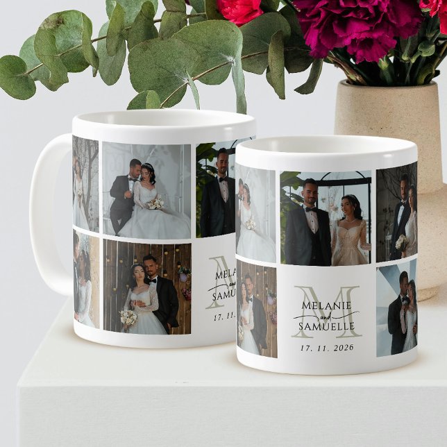 Wedding Photo Collage Bride and Groom Monogram Coffee Mug (Creator Uploaded)