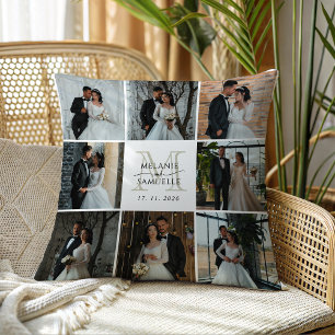 Wedding Photo Collage Bride and Groom Monogram  Cushion