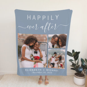 Wedding Photo Collage Dusty Blue Fleece Blanket