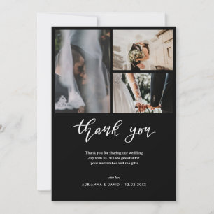Wedding Photo Collage Elegant Black Thank you Card