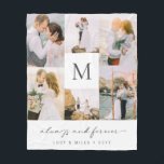 Wedding Photo Collage Fleece Blanket<br><div class="desc">This stylish and modern wedding blanket features a collage of 6 (4 vertical & 2 square) wedding photos and the saying 'always and forever' in an elegant calligraphy script on a white background. Easily personalise this chic blanket with your names,  wedding year and/or date,  and monogram.</div>