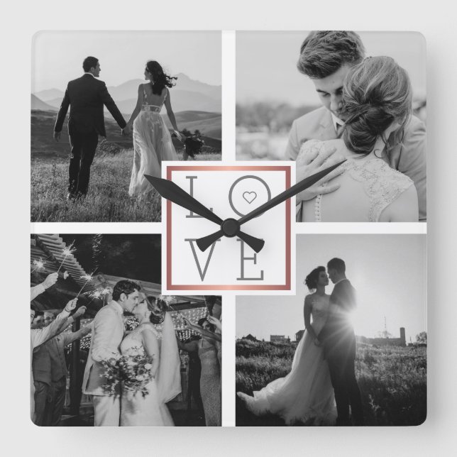 Wedding Photo Collage Love Black & White Square Wall Clock (Front)