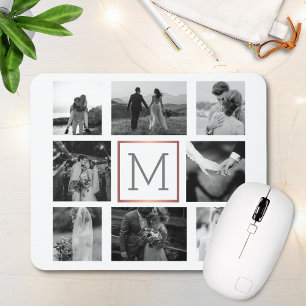 Wedding Photo Collage Monogram Black & White Mouse Pad