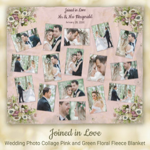 Wedding Photo Collage Pink + Green Floral Keepsake Fleece Blanket