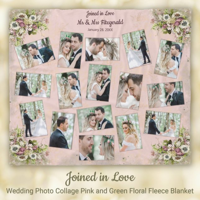 Wedding Photo Collage Pink + Green Floral Keepsake Fleece Blanket (Wedding Photo Collage Pink and Green Floral Keepsake Fleece Blanket)