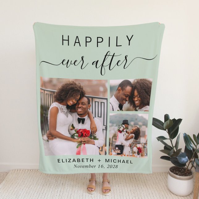 Wedding Photo Collage Sage Green Fleece Blanket (Creator Uploaded)