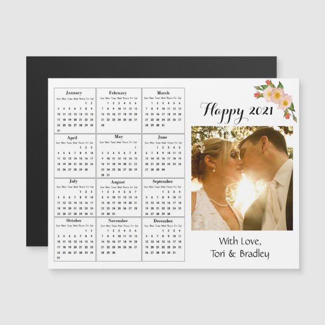 Wedding Photo Coral Flower Mini 2021 Calendar Magnetic Invitation (Front/Back)
