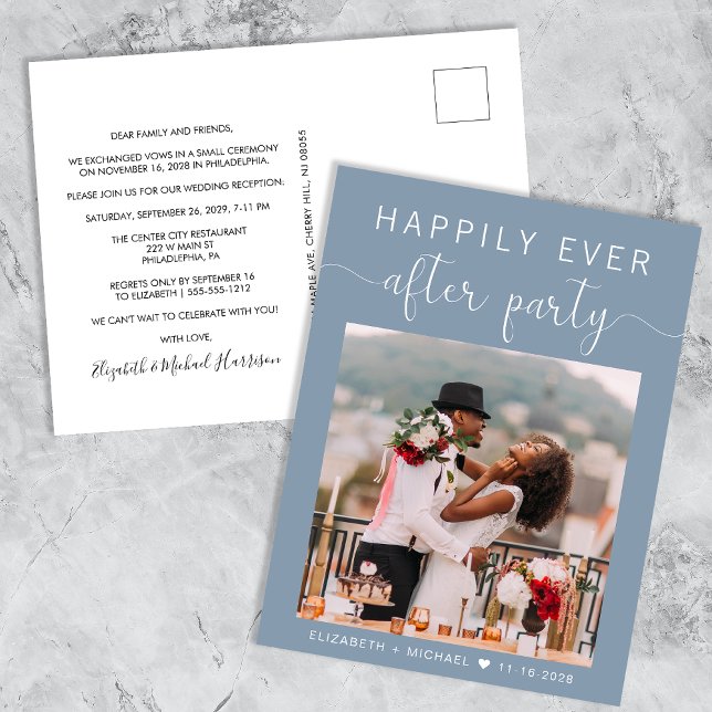 Wedding Photo Dusty Blue Happily Ever After Party Invitation Postcard (Creator Uploaded)