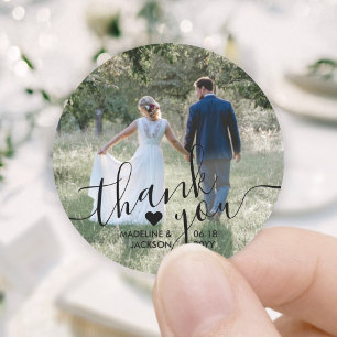Wedding Photo & Elegant Black Script Thank You Classic Round Sticker