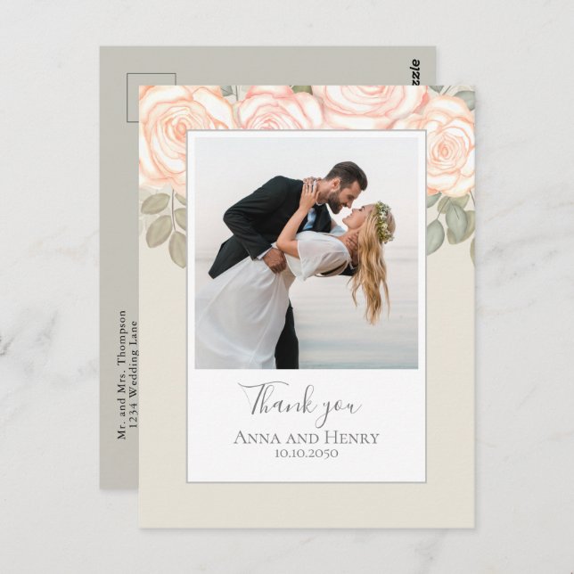Wedding Photo Elegant Blush Sage Thank You Postcard (Front/Back)