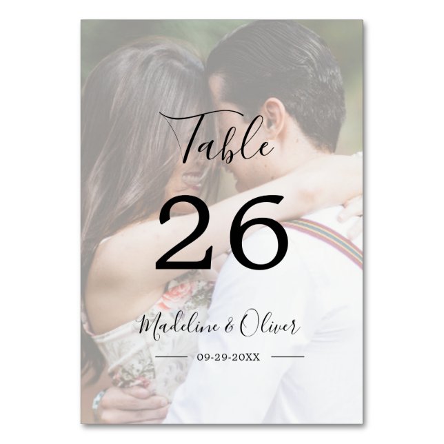 Wedding Photo Elegant Modern Script Table Number (Front)