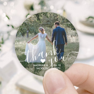 Wedding Photo & Elegant White Script Thank You Classic Round Sticker