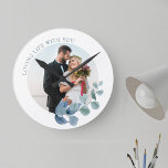 Wedding Photo Eucalyptus Leaves Botanical Frame<br><div class="desc">Photo clock with custom text which you can personalize for anyone or any occasion. The photo template is set up for you to add your picture, which is displayed in round shape. This elegant and simple design has a botanical photo frame with dusty blue and green watercolor eucalyptus leaves. If...</div>
