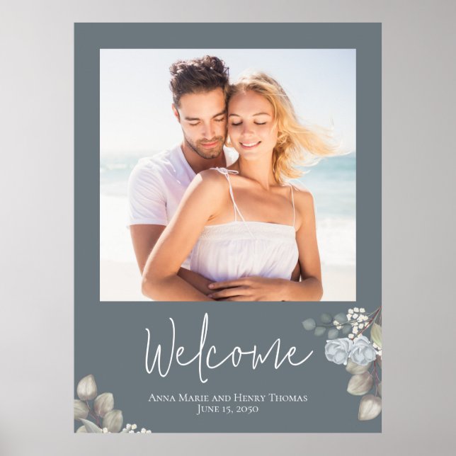 Wedding Photo Floral Blue Watercolor Elegant Roses Poster (Front)