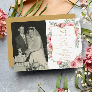 Wedding Photo Floral Rose 50th Golden Anniversary Invitation