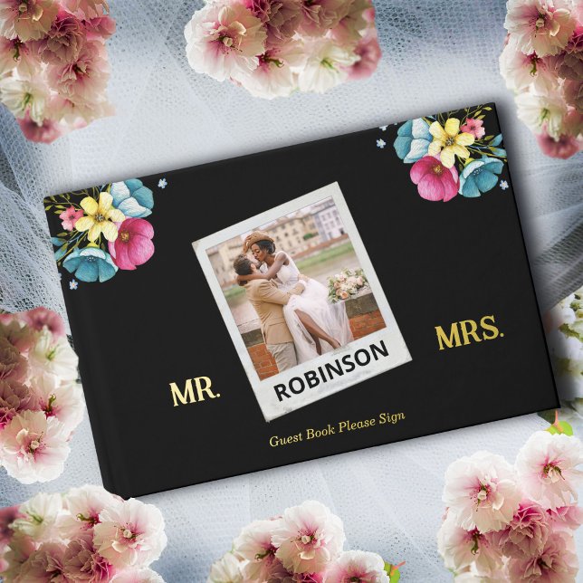 Wedding Photo Flowers Gold Elegant Personalise  Guest Book (Wedding Photo Flowers Gold Elegant Personalize Guest Book for your guest to sign on your special day)