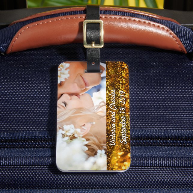 Wedding Photo Gold Glitter Wedding Luggage Tag (Front Insitu 2)
