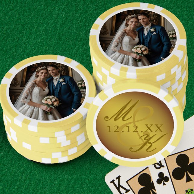 Wedding Photo Gold Rococo Monogram Poker Chips (Add your photo, initials and wedding date to these fancy poker chips)