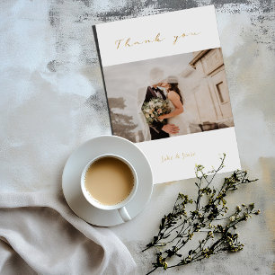 Wedding photo, gold script, modern wedding thank you card
