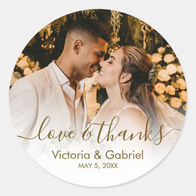 Wedding Photo Gold Script Photo Thank You Classic Round Sticker (Front)