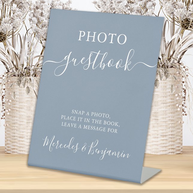 Wedding Photo Guest Modern Calligraphy Dusty Blue  Pedestal Sign (Creator Uploaded)