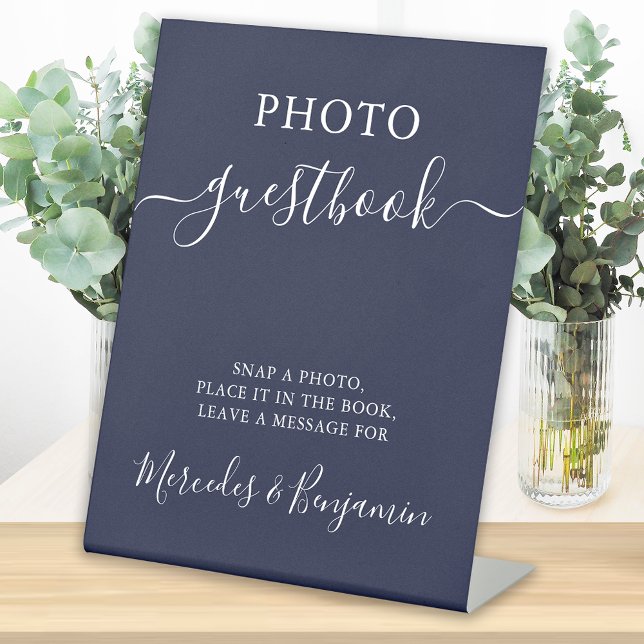 Wedding Photo Guest Modern Calligraphy Navy Blue  Pedestal Sign (Creator Uploaded)