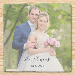 Wedding Photo Heart Swash Signature  Stone Coaster