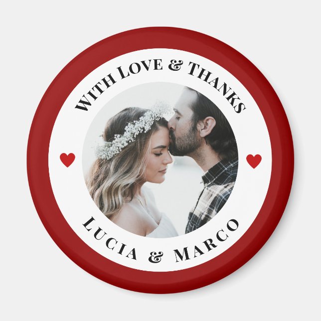 Wedding Photo in White Circle with Red Heart Magnet (Front)