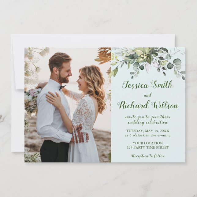 Wedding PHOTO Invitation Eucalyptus Watercolor (Front)