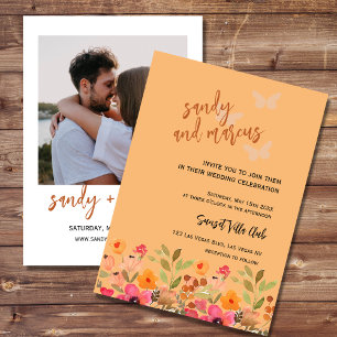 Wedding Photo Invitation Pink Peach Garden Blooms
