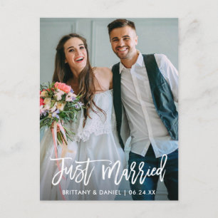 Wedding Photo Just Married Brush Script Modern Postcard