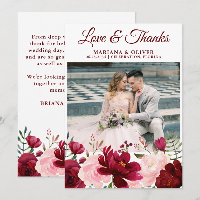 Wedding Photo Love and Thanks Card Burgundy Pink (Front/Back)