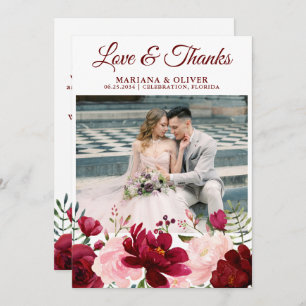 Wedding Photo Love and Thanks Card Burgundy Pink