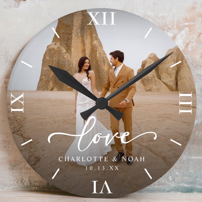 Wedding Photo Love Script Anniversary Round Clock (Creator Uploaded)