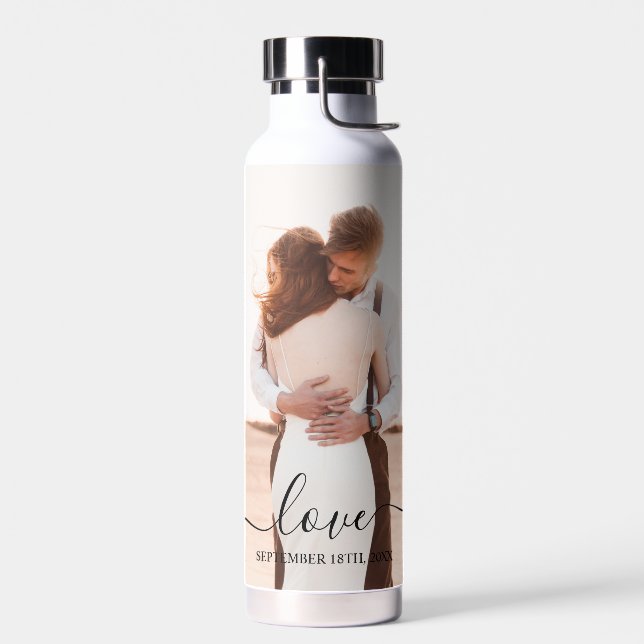 Wedding Photo Memory Love Script Anniversary  Water Bottle (Left)