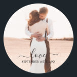 Wedding Photo Memory Love Script Wedding Classic Round Sticker<br><div class="desc">A beautiful way to remember one of the best days of your life,  your wedding day. Remember that special moment forever with this wedding photo memory photo sticker. Personalise the script typography to your own text and wedding date.</div>