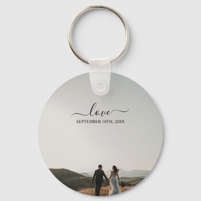 Wedding Photo Memory Love Script Wedding Key Ring (Front)