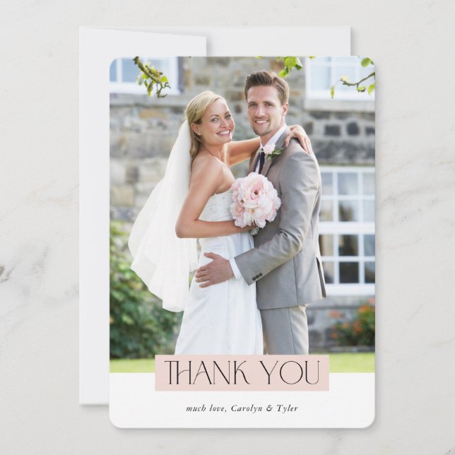 WEDDING PHOTO modern chic serif blush pink block Thank You Card (Front)