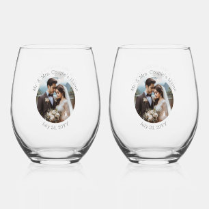 Wedding Photo Mr. and Mrs. Personalised Elegant Stemless Wine Glass