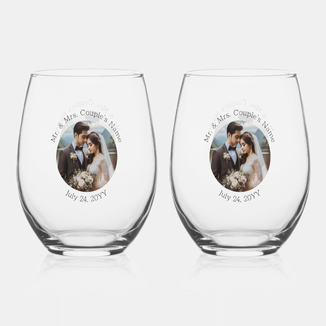 Wedding Photo Mr. and Mrs. Personalised Elegant Stemless Wine Glass (Front)