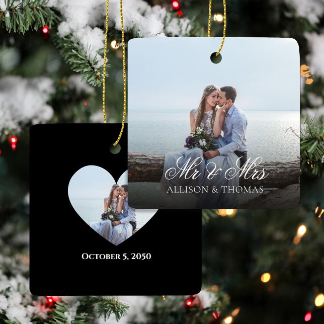 Wedding Photo Mr. and Mrs. Script Custom Ceramic Ornament (Wedding Mr. and Mrs. photo Christmas Keepsake Ornament.)
