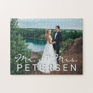 Wedding photo Mr and Mrs typography script name Jigsaw Puzzle