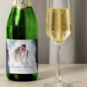 Wedding Photo Navy Blue Gold Agate Sparkling Wine Label