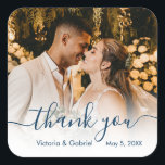 Wedding Photo Navy Script Photo Thank You Square Sticker<br><div class="desc">Modern Elegant Pretty Navy Calligraphy Script Thank You | Couple Photo Wedding sticker/label for yor gift favour. Featuring an elegant handwritten style calligraphy overlay with text „Thank You” on white gradient.</div>