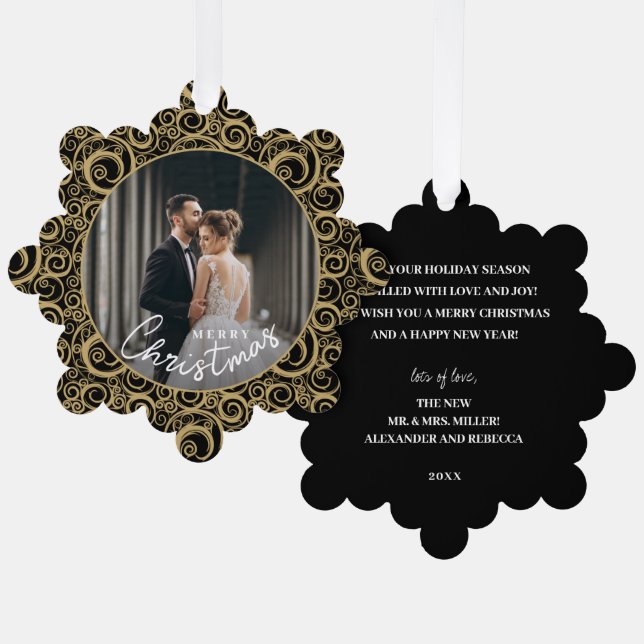 Wedding Photo on Gold Swirl Black Christmas Paper Tree Decoration Card (Front/Back)